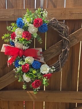 Patriotic Red White & Blue Rose Floral Grapevine Wreath July 4th Door Decor